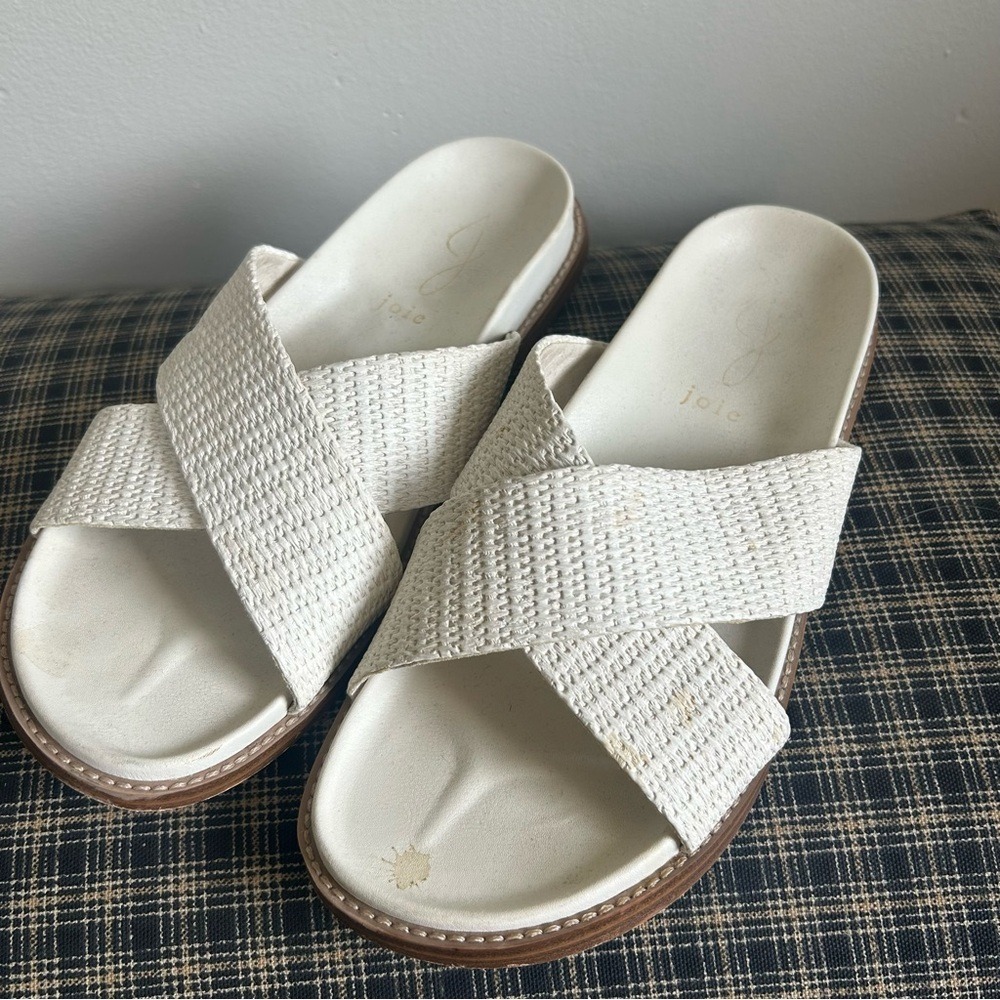 Joie Slide Sandals Womens 7 Cream Woven Criss Cross Straps Flat Slip On Casual